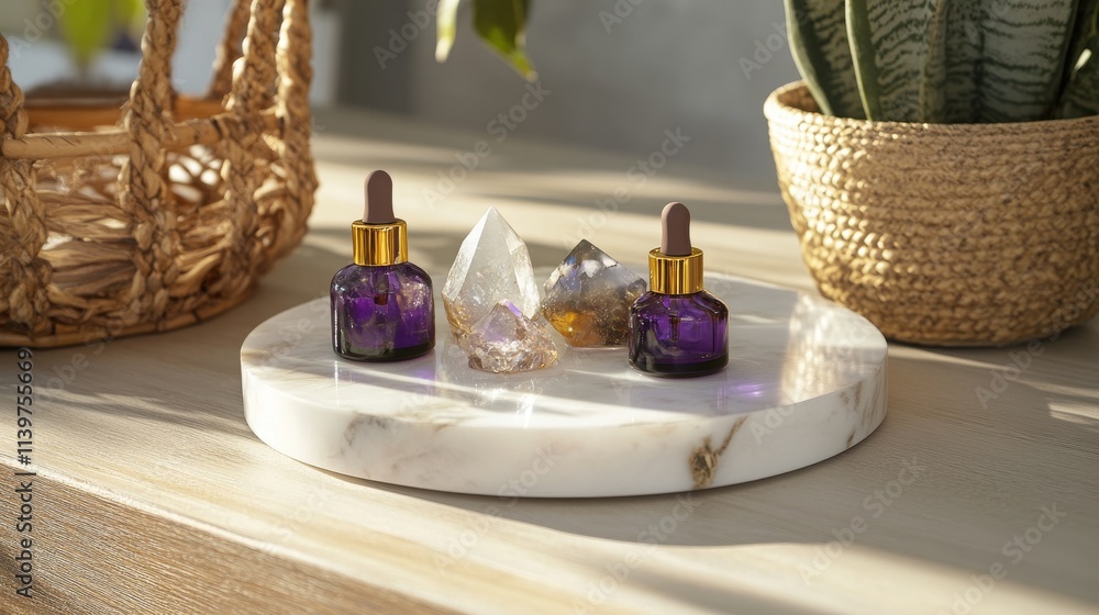 Elegant Arrangement of Essential Oil Bottles and Crystals on a Marble Tray Showcasing Natural Beauty and Serenity in a Tranquil Setting Elegant Arrangement of Essential Oil Bottles and Crystals on a Marble Tray Showcasing Natural Beauty and Serenity in a Tranquil Setting