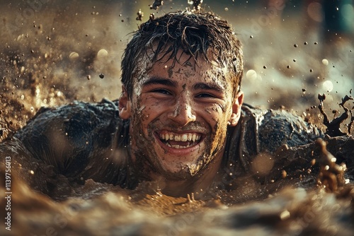 Muddy man joyfully crawls through obstacle course. Perfect for blogs about endurance, challenge, or fun. photo