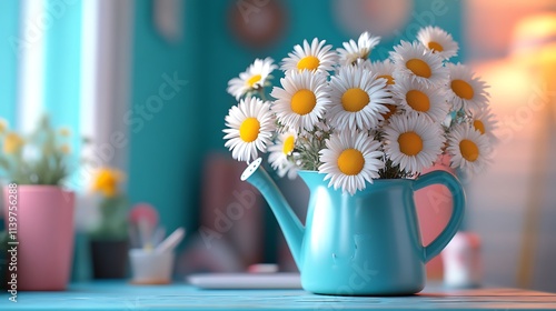 Wallpaper Mural A whimsical vase shaped like a watering can, holding a mix of daisies and sunflowers, placed on a vibrant desk with playful decor and cheerful lighting, hd quality, fun and charming. --ar 16:9 Torontodigital.ca