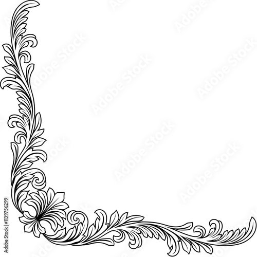 A filigree heraldic crest motif floral pattern corner border frame design element. Original design in a vintage style.