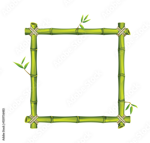 Green bamboo square frame with leaves, ideal for eco friendly or tropical projects. Vector cartoon illustration