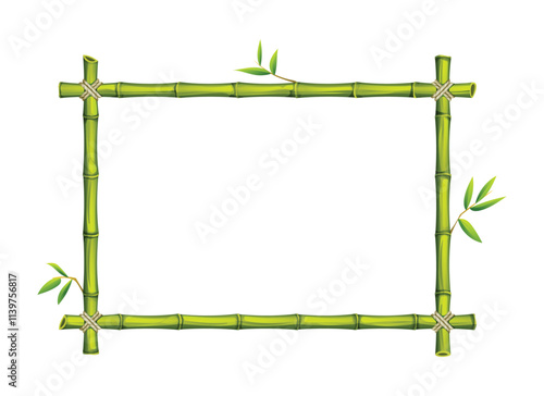 Green bamboo rectangle frame with leaves and tied ropes, perfect for nature themed backgrounds. Vector cartoon illustration