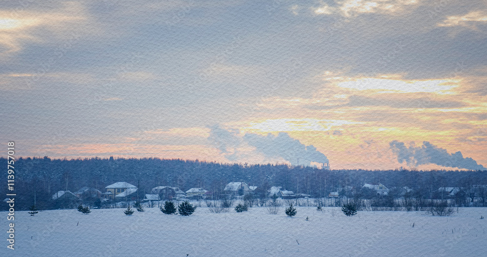 Snowy landscape with a few houses in the distance Snowy landscape with a few houses in the distance