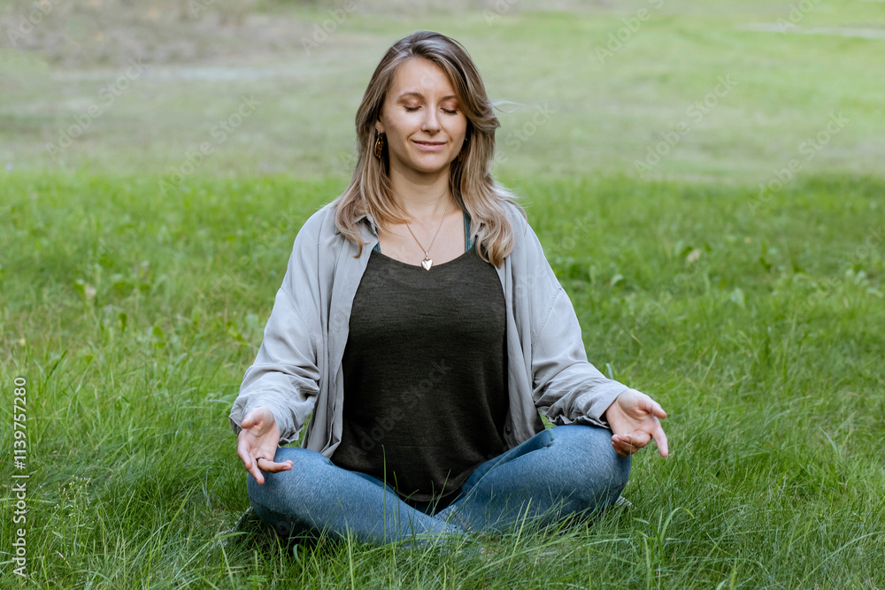 Happy, peaceful blonde woman doing yoga, balance, meditation in summer, city park, during work break. Outdoor workout Happy, peaceful blonde woman doing yoga, balance, meditation in summer, city park, during work break. Outdoor workout