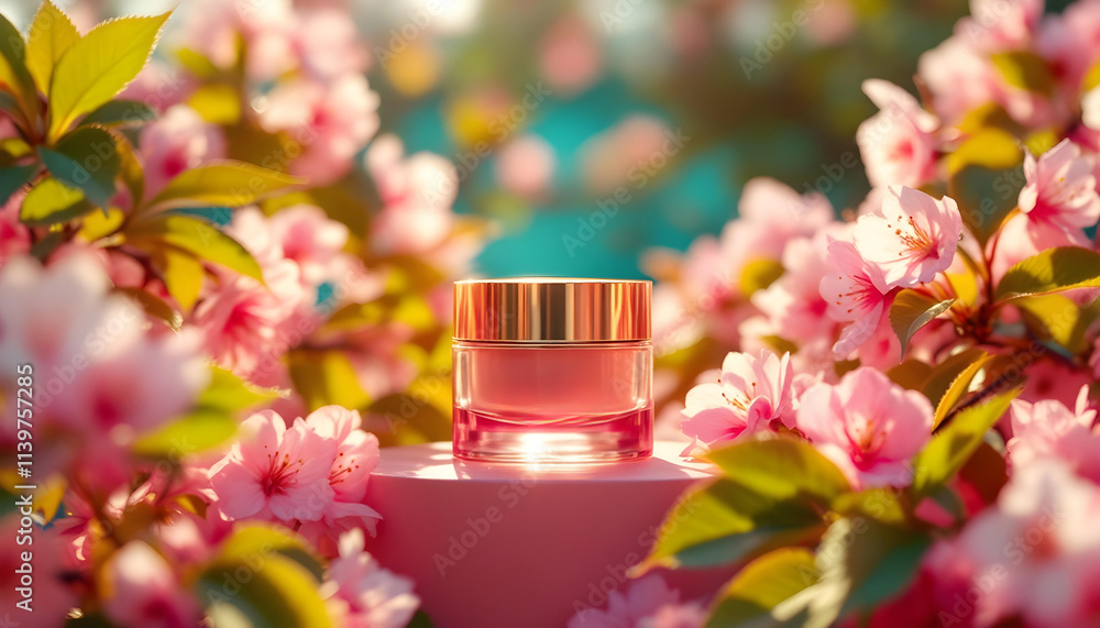Stylish cosmetic product placed on a wooden surface, encircled by freshly bloomed cherry blossoms and lush green leaves, displayed in elegant gold font, illuminated by warm sunlight streaming in from Stylish cosmetic product placed on a wooden surface, encircled by freshly bloomed cherry blossoms and lush green leaves, displayed in elegant gold font, illuminated by warm sunlight streaming in from