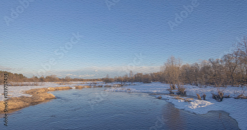 Wallpaper Mural Calm river with snow on the ground and trees in the background Torontodigital.ca