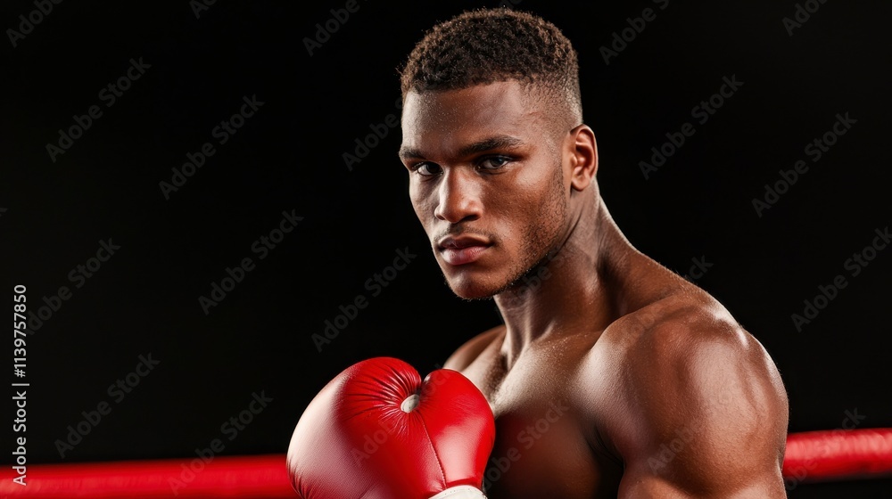 Intense Close-Up of a Young Boxer in Red Gloves Preparing for Match with Focused Expression in Professional Boxing Ring Setup Intense Close-Up of a Young Boxer in Red Gloves Preparing for Match with Focused Expression in Professional Boxing Ring Setup