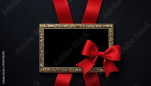 Gold picture frame and red ribbon Gold wood sculpture picture framewith red ribbon isolated.6 photo