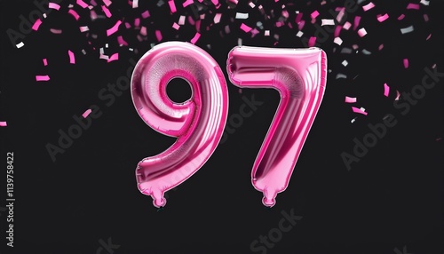 Pink birthday / anniversary balloon, number 97, black background with confetti