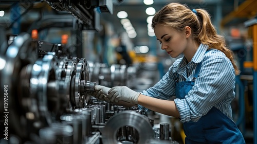 Focused Female Industrial Engineer Maintaining Machinery