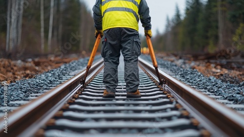 Railway Worker Inspecting Tracks in Forested Area Wearing Safety Vest and Using Tools for Maintenance and Repair on a Calm Day in Nature photo