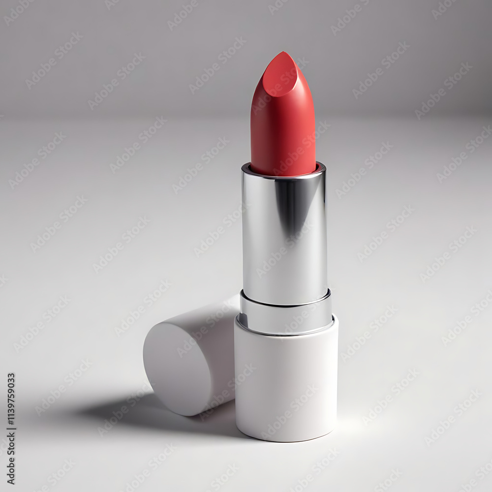 A matte lipstick tube with its cap off, placed on a clean white surface with a soft shadow. A matte lipstick tube with its cap off, placed on a clean white surface with a soft shadow.