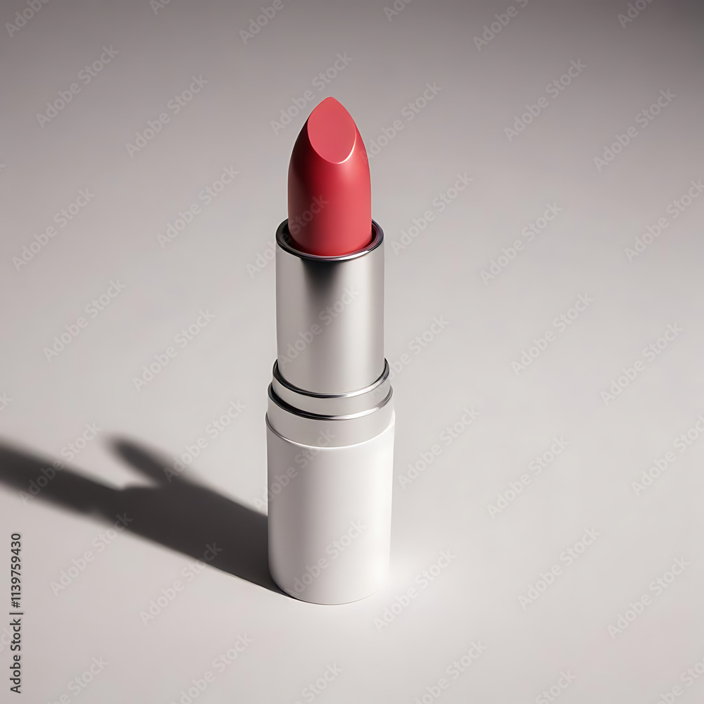 A matte lipstick tube with its cap off, placed on a clean white surface with a soft shadow. A matte lipstick tube with its cap off, placed on a clean white surface with a soft shadow.