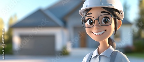 Engineer Theme, A cartoon girl wearing a hard hat and glasses is smiling at the camera