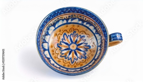 a traditional Peshawari Kahwa tea bowl track art placed. top view isolated on a white background.  photo