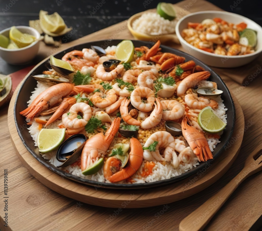 Plato de arroz con mariscos y pescado a la plancha, sabor del mar, frescos Plato de arroz con mariscos y pescado a la plancha, sabor del mar, frescos