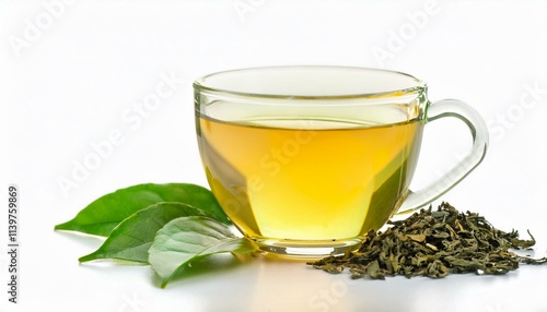 Aromatic tea in glass cup and green leaves isolated background. ai generated