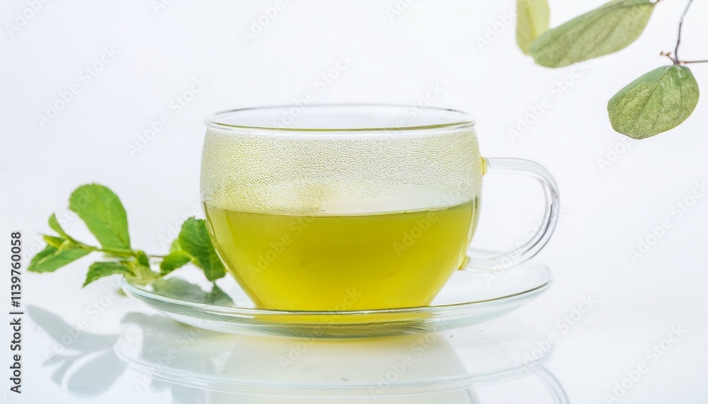 Aromatic tea in glass cup and green leaves isolated background. ai generated Aromatic tea in glass cup and green leaves isolated background. ai generated