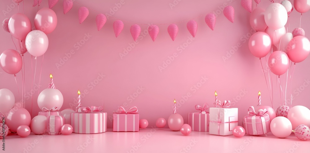 3D rendering of a pink birthday background with balloons. 3D rendering of a pink birthday background with balloons.