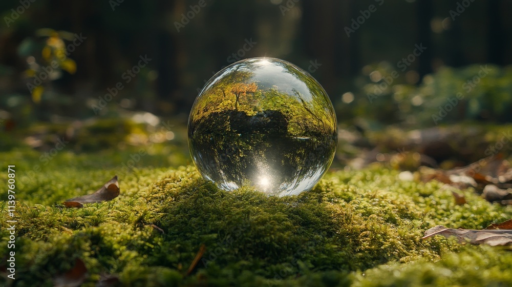 Crystal globe on green moss in the forest symbolizes nature protection and sustainability. Concept for Earth Day and environmental care Crystal globe on green moss in the forest symbolizes nature protection and sustainability. Concept for Earth Day and environmental care