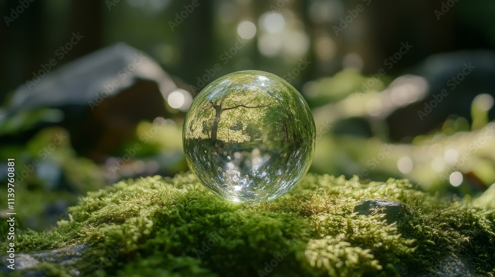 Crystal globe on green moss in the forest symbolizes nature protection and sustainability. Concept for Earth Day and environmental care Crystal globe on green moss in the forest symbolizes nature protection and sustainability. Concept for Earth Day and environmental care