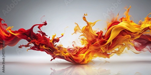 Radiant red and yellow flames swirl dramatically on a clean white canvas, drawing in abstract art enthusiasts with their surreal beauty and dynamic energy.