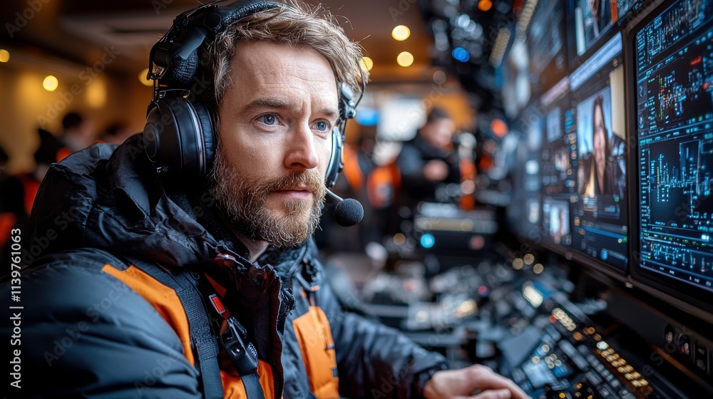 A focused individual operates a video control system in a control room environment. A focused individual operates a video control system in a control room environment.