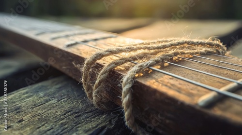 Close-Up of Rustic Wooden Guitar Neck with Twine String Detail and Natural Light, Capturing the Beauty of Vintage Musical Instruments in an Outdoor Setting
