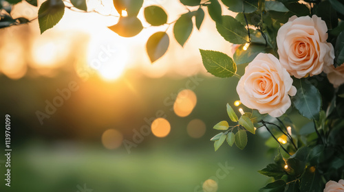 Fototapeta Naklejka Na Ścianę i Meble -  Soft roses illuminated by sunset glow in a serene garden