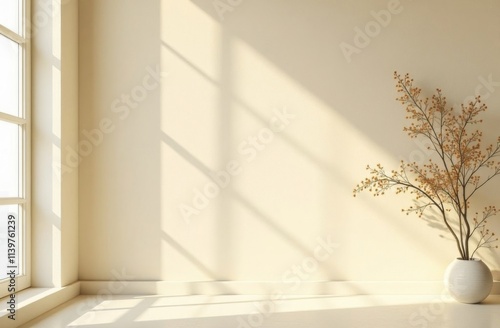 Minimalistic light beige background with window, shadows and daily sunlight