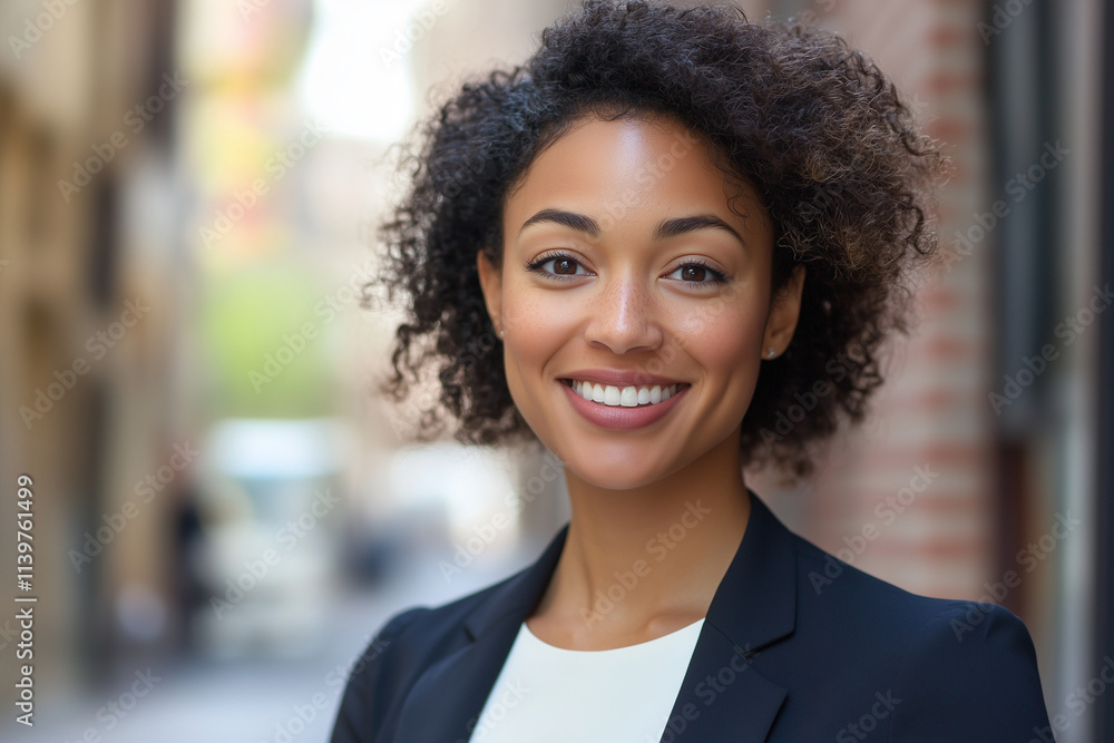 Obraz premium woman with curly hair is smiling and wearing a black suit. She is standing on a street corner
