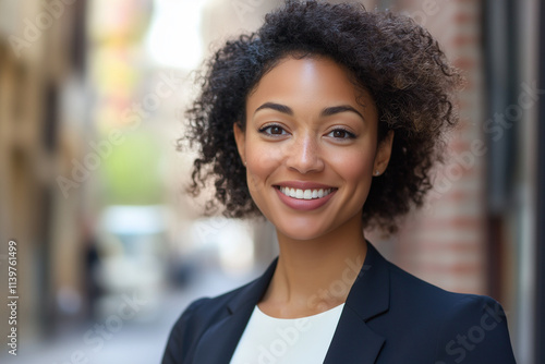  woman with curly hair is smiling and wearing a black suit. She is standing on a street corner