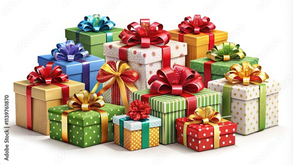Realistic architectural clipart featuring Christmas gift boxes with ribbons on a white background, ideal for web design, marketing, holiday themes, and e-commerce promotions. Realistic architectural clipart featuring Christmas gift boxes with ribbons on a white background, ideal for web design, marketing, holiday themes, and e-commerce promotions.