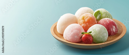 Colorful assortment of mochi dessert on a wooden plate photo