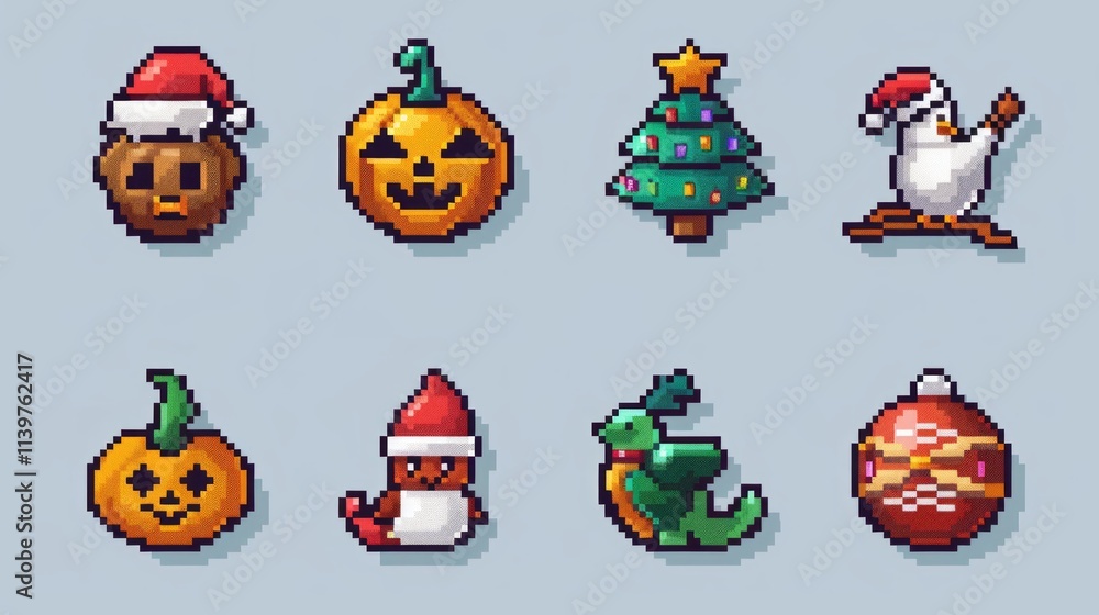Design a set of pixel-style holiday icons, featuring symbols for Christmas, Halloween, Easter, and Valentine's Day. Design a set of pixel-style holiday icons, featuring symbols for Christmas, Halloween, Easter, and Valentine's Day.