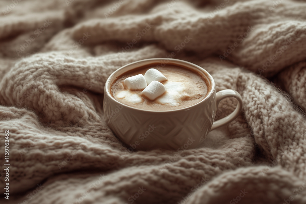 white mug of coffee with marshmallows on top sits on a blanket. The scene conveys a cozy and comfortable atmosphere, perfect for a relaxing morning or evening white mug of coffee with marshmallows on top sits on a blanket. The scene conveys a cozy and comfortable atmosphere, perfect for a relaxing morning or evening