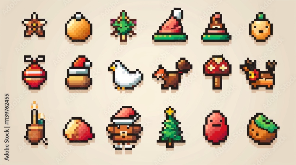 Design a set of pixel-style holiday icons, featuring symbols for Christmas, Halloween, Easter, and Valentine's Day. 