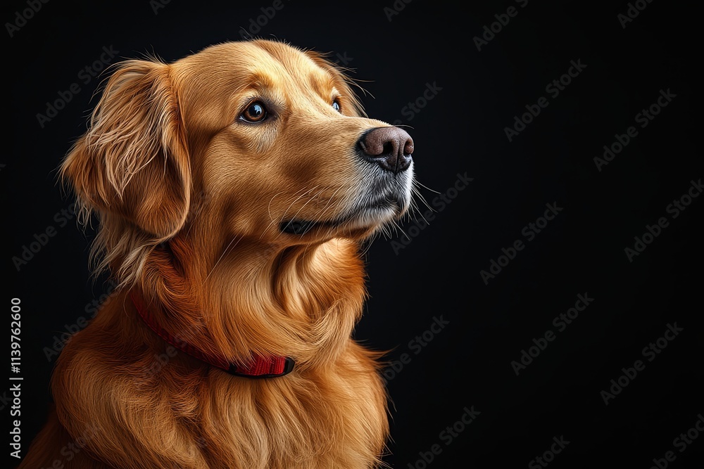 Golden Retriever dog sitting in side view, wearing a red collar, with full body visible against a black background. Golden Retriever dog sitting in side view, wearing a red collar, with full body visible against a black background.
