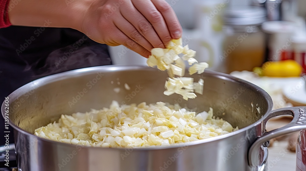 Fresh Garlic Chopped and Sprinkled into a Silver Cooking Pot Fresh Garlic Chopped and Sprinkled into a Silver Cooking Pot