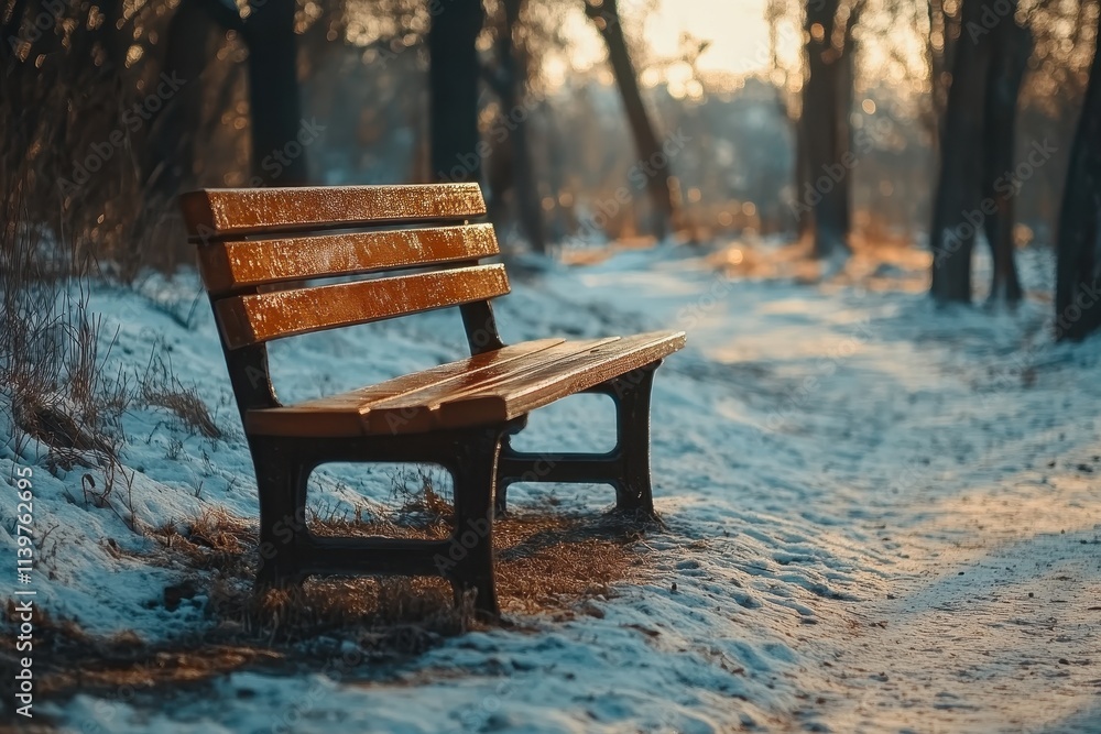 Wooden park bench covered in frost, sits alone on snowy path. Perfect for themes of solitude, winter, or peaceful contemplation. Wooden park bench covered in frost, sits alone on snowy path. Perfect for themes of solitude, winter, or peaceful contemplation.