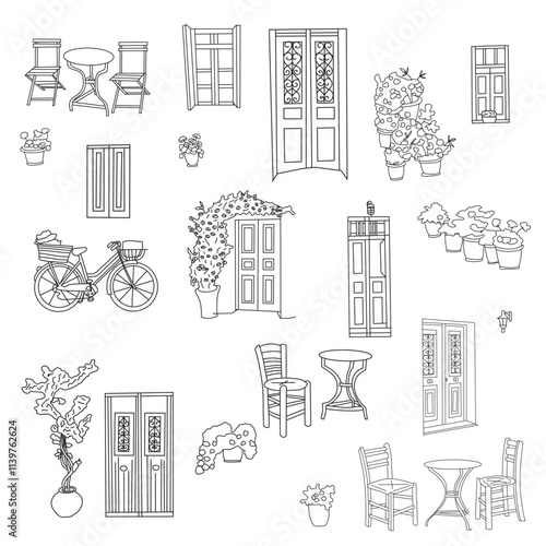 hand drawn vector seamless pattern with city buildings and houses.