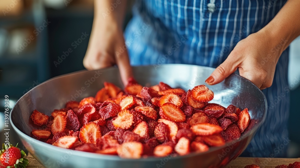 Freshly Sliced Strawberries in Large Metal Bowl for Dessert Preparation Freshly Sliced Strawberries in Large Metal Bowl for Dessert Preparation