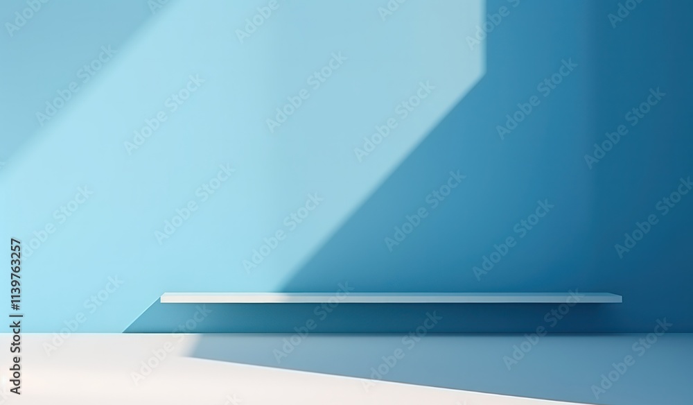 minimalist interior scene featuring a light blue wall and a simple white shelf casting shadows on the floor. minimalist interior scene featuring a light blue wall and a simple white shelf casting shadows on the floor.