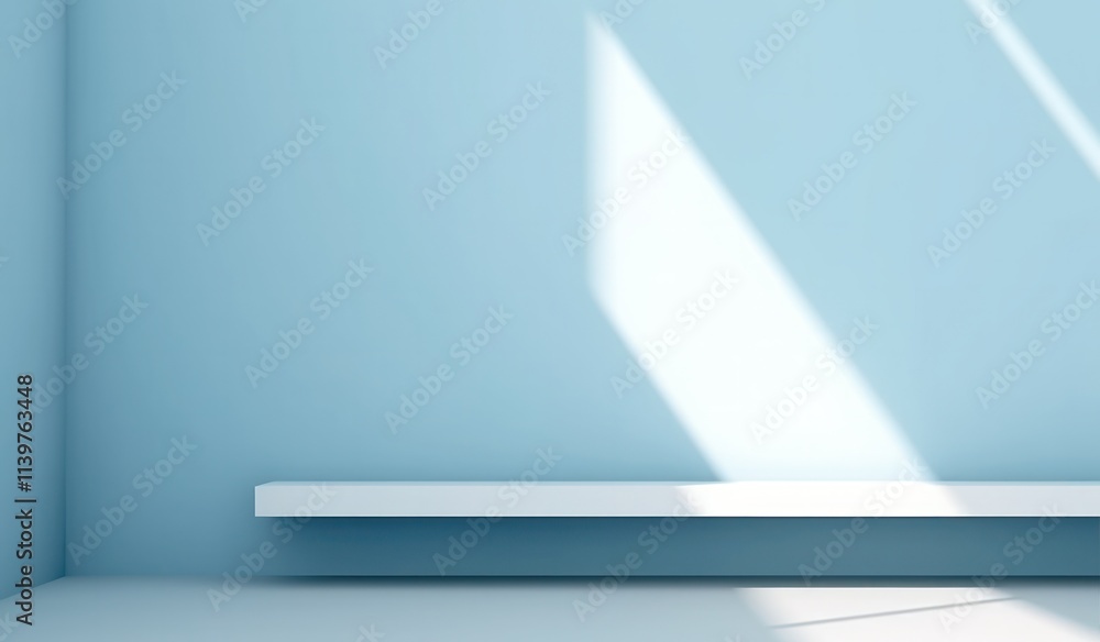 minimalist interior featuring a light blue wall a white shelf and soft shadows creating a serene and inviting atmosphere. minimalist interior featuring a light blue wall a white shelf and soft shadows creating a serene and inviting atmosphere.