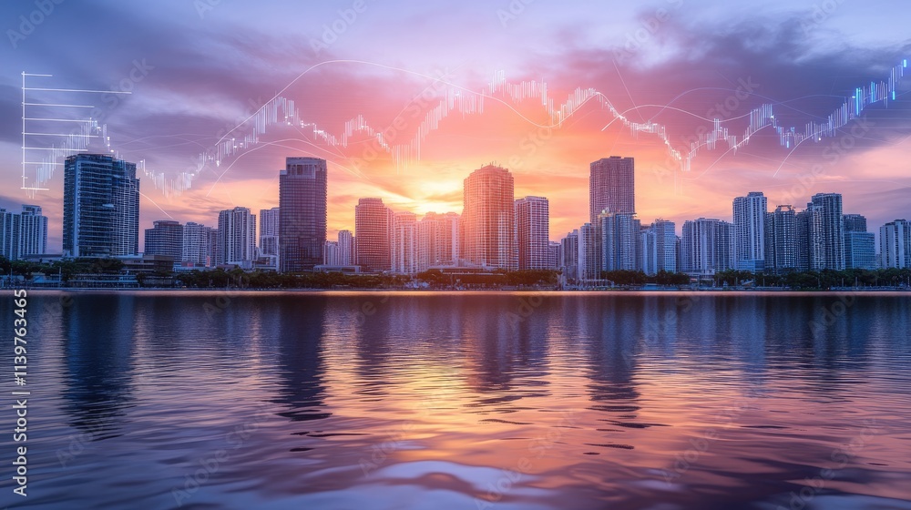 Urban skyline at sunset with financial data overlay and reflection Urban skyline at sunset with financial data overlay and reflection