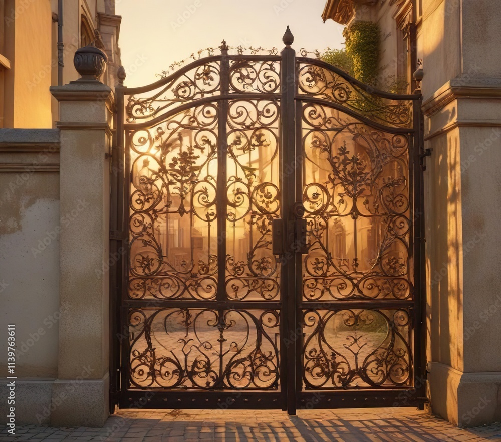 Ornate ironwork gate with rusty hues and a subtle patina in the soft golden glow of sunset, rusty, golden hour, worn Ornate ironwork gate with rusty hues and a subtle patina in the soft golden glow of sunset, rusty, golden hour, worn