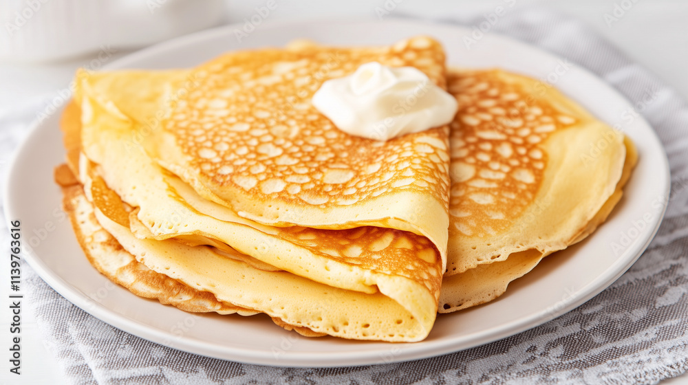 A plate of golden pancakes stacked neatly, topped with a dollop of cream. The pancakes have a light, fluffy texture and are served on a white plate with a textured gray napkin underneath. A plate of golden pancakes stacked neatly, topped with a dollop of cream. The pancakes have a light, fluffy texture and are served on a white plate with a textured gray napkin underneath.
