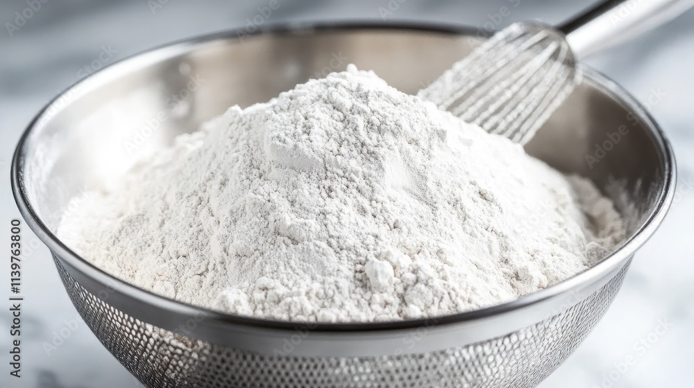 White Flour in a Mixing Bowl with Whisk on Marble Surface White Flour in a Mixing Bowl with Whisk on Marble Surface