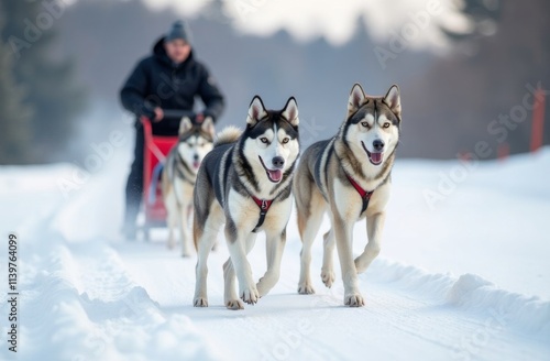 Riding husky dogs sledge in snow winter forest photo