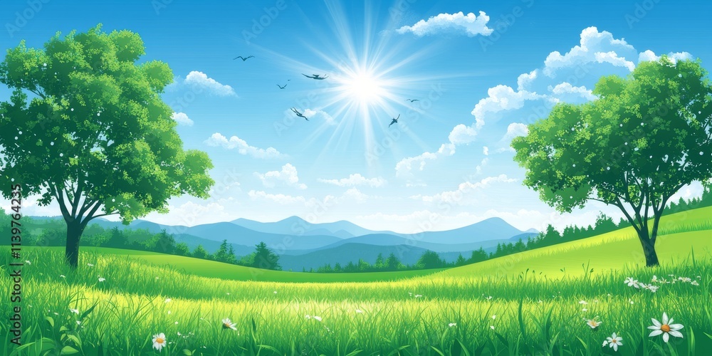 Serene valley with fluffy clouds and green fields Serene valley with fluffy clouds and green fields